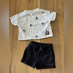 Zara White Crop Tee with Black Palm Print & Black Shorts Set